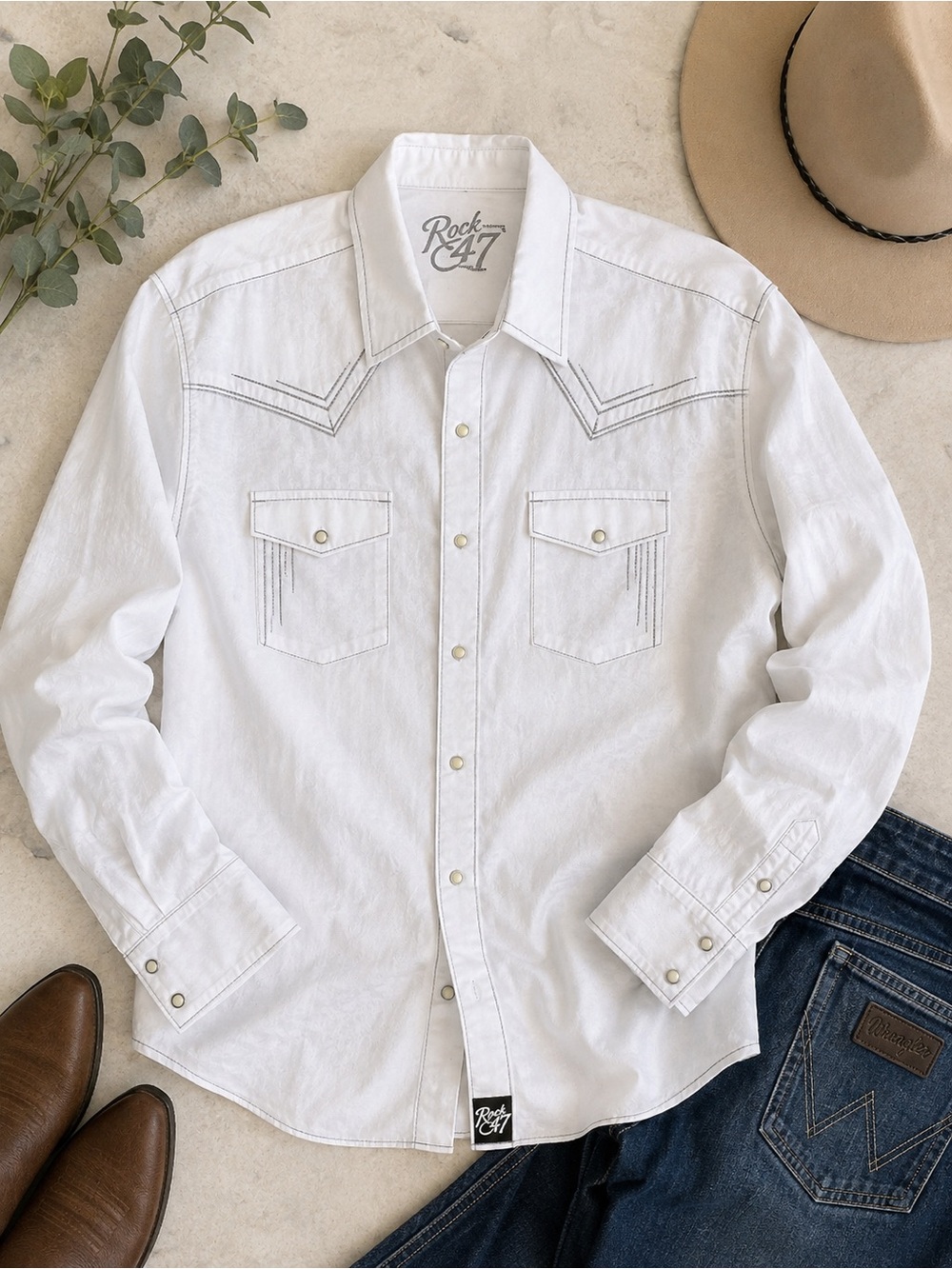 Rock 47 by Wrangler Men’s XL White Western Pearl Snap Shirt Embroidered